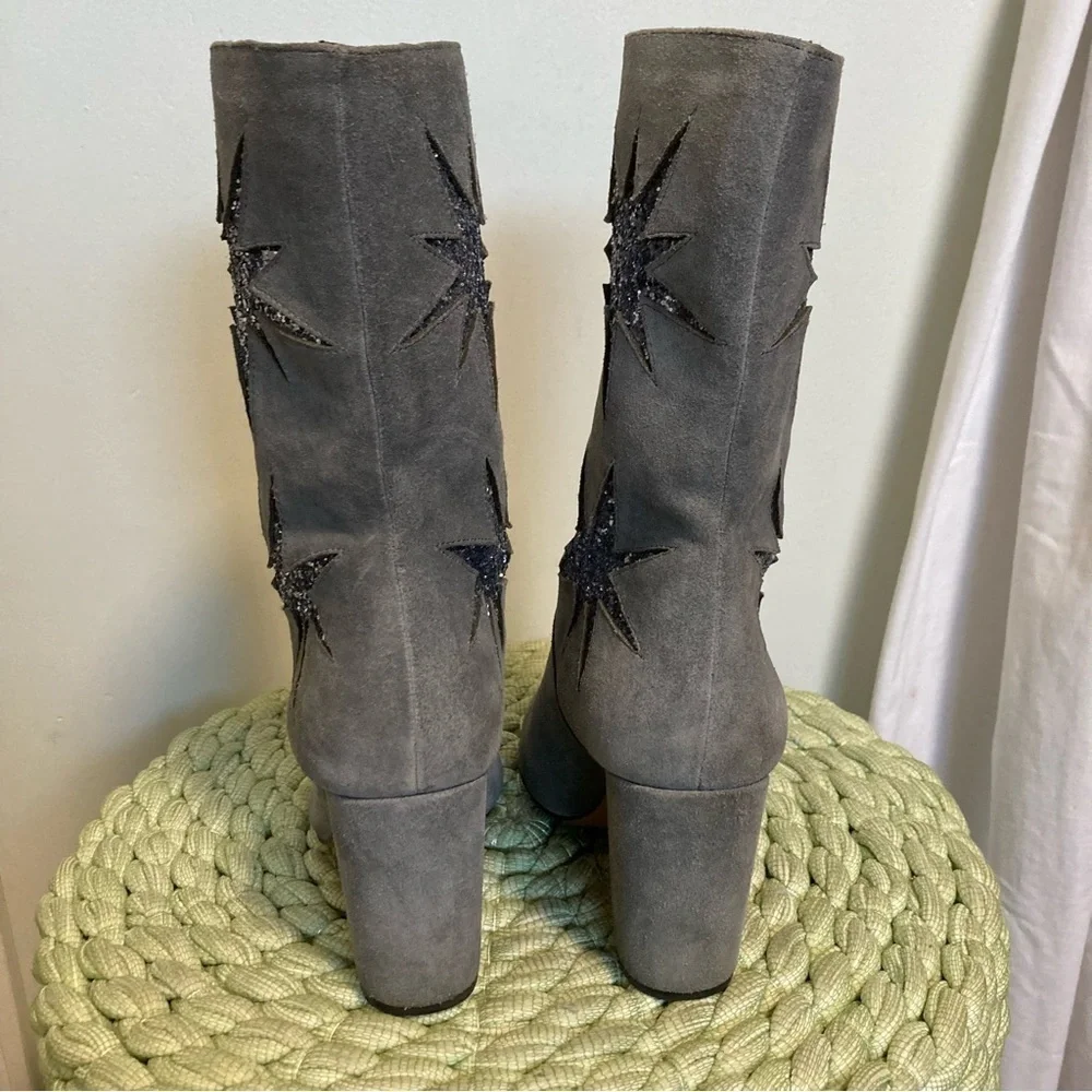Avec Les Filles Nikita Gray Suede Glitter Star Moon Celestial Mid Calf Boots - Picture 8 of 13